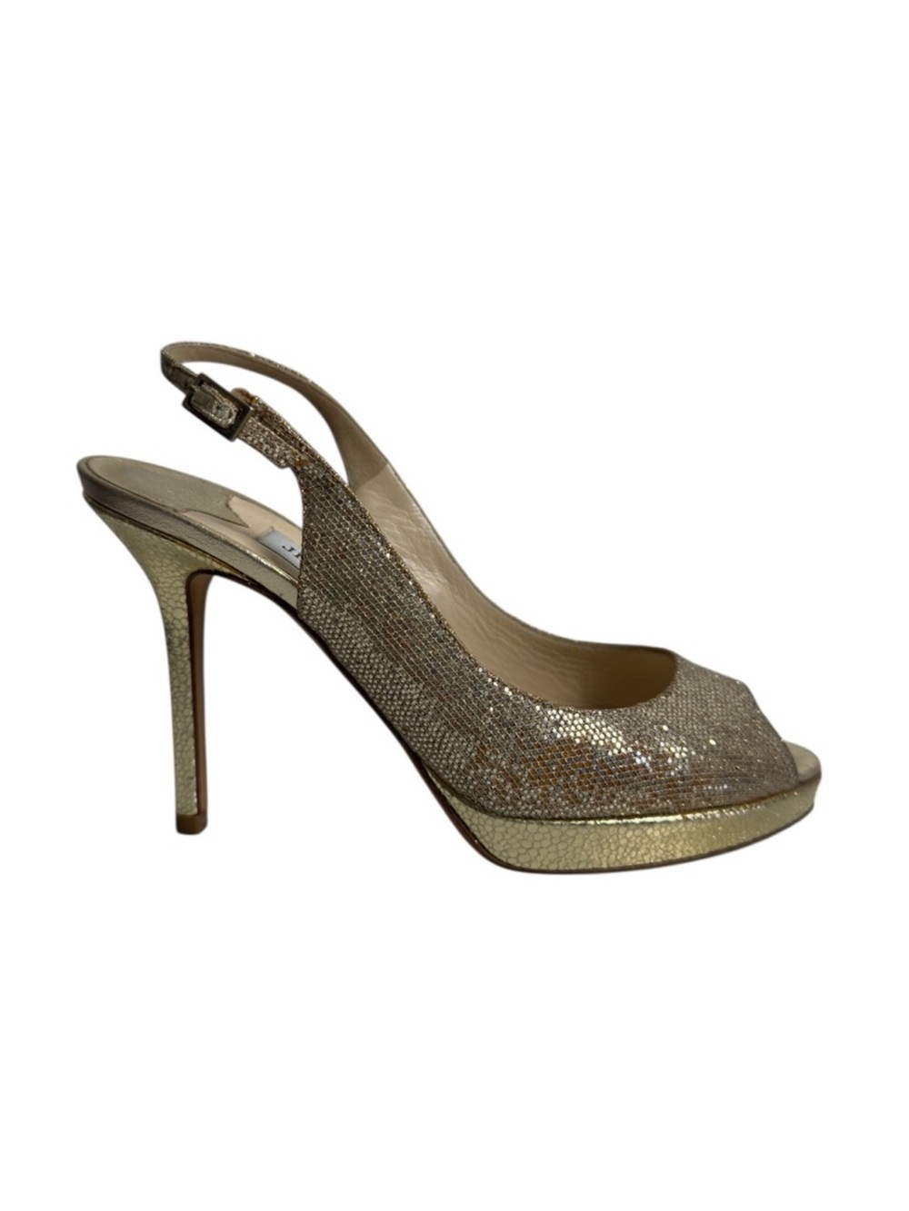 Jimmy Choo Glitter Peep Toe Slingback Heels Gold Size 36